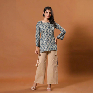 Twin Feet Women's Blue Floral Print Cotton Digital Print Quick Dry <b>Kurta</b> <b>Top</b> Casual Wear Regular Fit Length Autumn India - Product Image 1