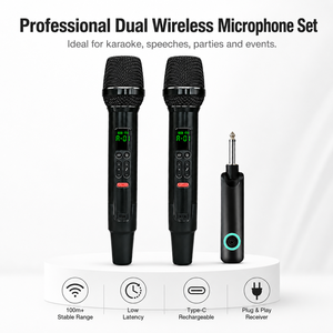 Sistema de Micrófono Inalámbrico Dual de 2.4G, Recargable, de Mano, con Receptor, Sintonización FM y Listo para Transmisión en Vivo - Product Image 1