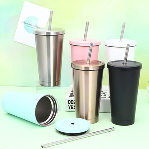 Logo personalizzato 16oz doppia parete in acciaio inox paglia tazza da caffè con coperchio e paglia tazza sottovuoto capacità 500ml - Product Image 1