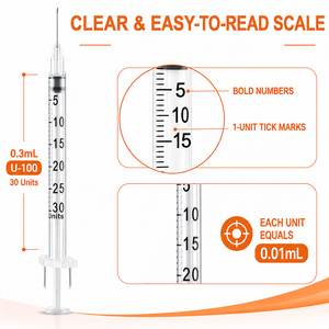 Seringues à <span class=keywords><strong>insuline</strong></span> de calibre fin 0,3 ml pour soins aux petits animaux, <span class=keywords><strong>aiguille</strong></span> fixe 29G-32G, traitées à l'oxyde d'éthylène, 100/boîte - Product Image 5