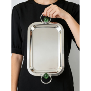 Plateau de service en <span class=keywords><strong>acier</strong></span> inoxydable poli miroir avec poignées en perles vertes - Plat rectangulaire élégant pour la maison et la restauration - Product Image 2