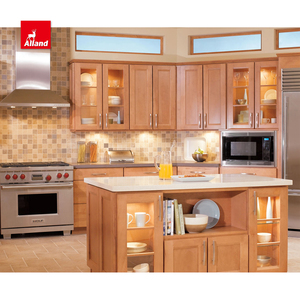 Allandcabinet Armoire de cuisine américaine sans cadre personnalisée Placards encastrés en <span class=keywords><strong>bois</strong></span> massif d'érable <span class=keywords><strong>miel</strong></span> avec porte en verre - Product Image 2