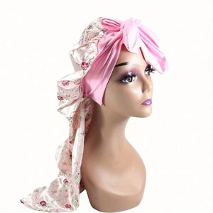 Bonnet en satin long personnalisé avec logo et bande à nouer, grand bonnet pour tresses, bonnet de nuit soyeux, ensemble sac et bonnet pour femme, cadeau promotionnel - Product Image 1