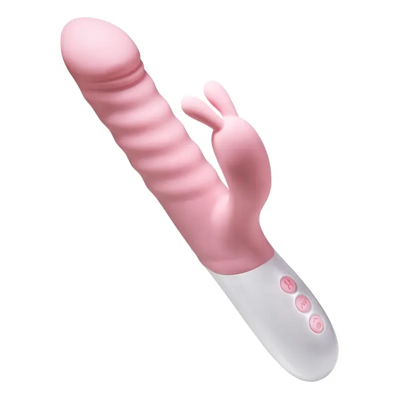 Rechargeable triple actions soft silicone telescopic rabbit vibrator, sex thrusting vibrator sex toy women