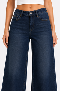 Jean en denim taille haute pour femme, coupe ample, jambe large, délavage foncé, longueur intégrale, style décontracté, en tissu de coton respirant - Product Image 4