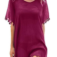 Robe d'été transfrontalière pour femme, en polyester et mousseline, à épaules dénudées, avec pompons, grande taille, coupe ample, ensemble de plage pour couple, paréo