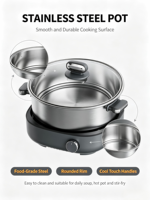 Casserole électrique multifonction 4L en acier inoxydable, avec revêtement antiadhésif en verre trempé, température réglable