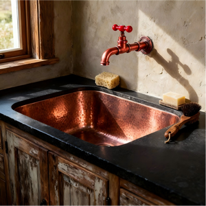 Évier de bar pour villa sur mesure en cuivre martelé à la main, cuve carrée simple épaisse, robinet en laiton, finition moderne, classique et antique - Product Image 4