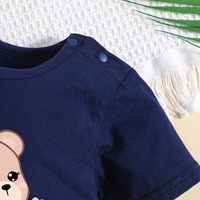 Romper Bayi Summer Infant Motif Beruang Kecil Biru Tua 100% Katun Lengan Pendek Kancing Tekan di Selangkangan Pakaian Bayi Romper