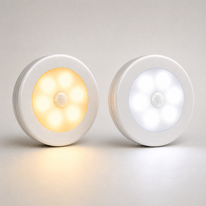 Lumière LED pour armoire à capteur de mouvement rond bicolore, magnétique, rechargeable, à installer sous l'armoire - Product Image 1