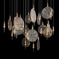 Lustre en verre naturel en forme de disque de lune pour hall de villa de luxe, avec support de lampe conique en laiton pour la décoration d'escalier en colimaçon