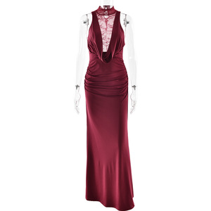Robe de soirée unie à col en V, avec superposition transparente, plissée, ajustée aux hanches, longue et moulante pour femme - Product Image 5
