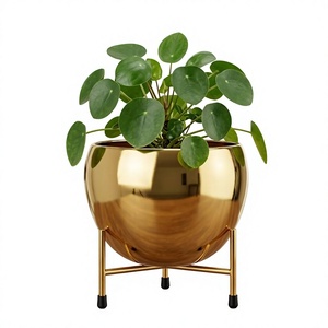 Pot de fleurs rond en métal doré avec support pour bureau - Product Image 3