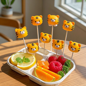 Reutilizable sin Bpa lindo tigre de dibujos animados forma Animal fruta comida palillos de dientes almuerzo Bento caja púas largas accesorios para niños pequeños - Product Image 2