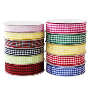 High quality wholesale cheap 1cm various color plaid ribbon wired burlap ribbon