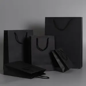 Bolsas de papel para embalaje de ropa, logotipo personalizado impreso, regalo de compras, joyería, vino, color negro, venta al por mayor