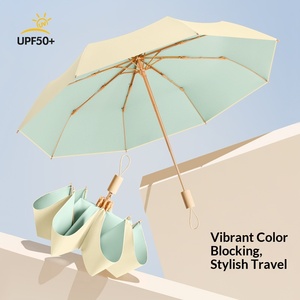Three Fold Women's Gold Wooden Handle Folding <b>Umbrella</b> with Fresh Color Glue Small Size Sunshade Gift for Wholesale - Product Image 4