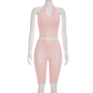 Viviblook Y26ST116 Women Summer <b>Set</b> Striped Print Halter Tank Top Tight Fitting Shorts Two Piece <b>Set</b> for Ladies - Product Image 2
