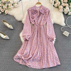 Nuevo dulce vestido plisado Floral con cordones lazo de cintura alta de manga larga vestidos de mujer contraste madera oreja <span class=keywords><strong>dobladillo</strong></span> <span class=keywords><strong>ropa</strong></span> de mujer - Product Image 2