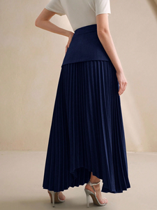 <span class=keywords><strong>Jupe</strong></span> longue plissée asymétrique <span class=keywords><strong>bleu</strong></span> <span class=keywords><strong>marine</strong></span> pour <span class=keywords><strong>femme</strong></span> avec panneau de taille et poche, taille haute, élégante, pour le bureau ou décontractée - Product Image 2