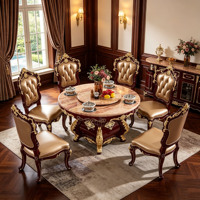 Luxuriöses Europäisches Rundes Massivholz-Esszimmer-Set mit Rosa Marmorplatte und Drehbarem Serviertablett, PU-Leder-Stühlen für Villa und Zuhause, Großhandel