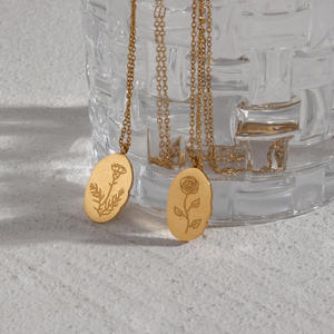 Oval Coin Pendant 12 Month Birth Flower <b>Disc</b> 14K <b>Gold</b> Plated Dainty Personalized Stainless Necklace Gift for Women - Product Image 3