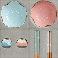 Lot de 2 paires de repose-baguettes en céramique motif fleur de cerisier bleue et rose, avec support en bois Mont Fuji, ensemble de vaisselle cadeau