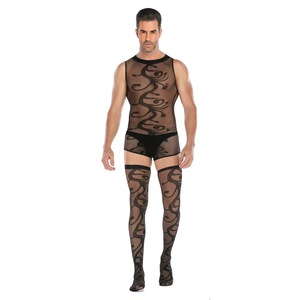 <b>Men</b> Sexy Bodysuit Black Nylon Spandex Printed See Through Stockings Plus Size <b>Erotic</b> Underwear - Product Image 1