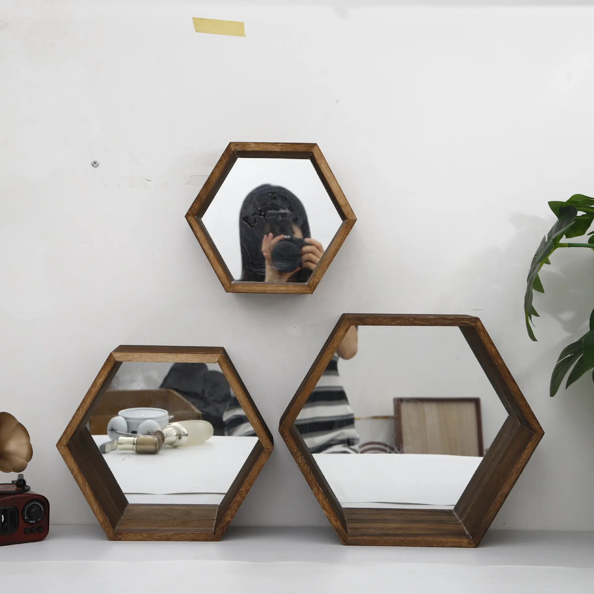거실 가구 침실 욕실 교수형 수납 장식 랙 나무 육각형 부동 벽 선반 거울