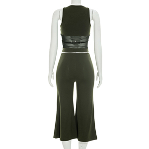 Viviblook Y26ST267 Women Casual Suit New Sexy Sleeveless Mesh <b>Patchwork</b> Tank <b>Top</b> High Waist Wide Leg Pants 2 Piece Set - Product Image 4