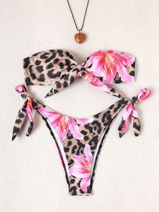 Leopard Bandeau Bikini <b>Set</b> Women Strapless Push Up Removable Strap Adjustable Tie Side Brazilian Thong Two Piece - Product Image 5