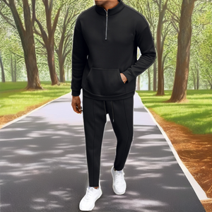 Nouvel Arrivage – Ensemble deux pièces décontracté pour homme : Sweat-shirt léger 100 % coton respirant à col roulé et manches courtes, couleur unie, texture gaufrée - Product Image 2