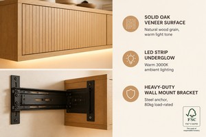 Console murale flottante personnalisée pour téléviseur, en chêne <span class=keywords><strong>clair</strong></span>, avec porte cannelée et éclairage LED sous l'armoire, fabricant OEM de meubles Japandi - Product Image 3