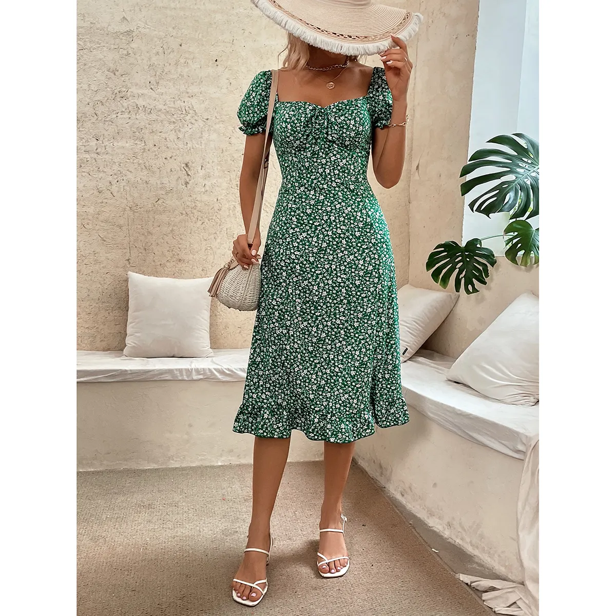 Summer Women Casual Dress Floral Print Dress Bohemian Puff Sleeve Square Neck Maxi Dress For Women