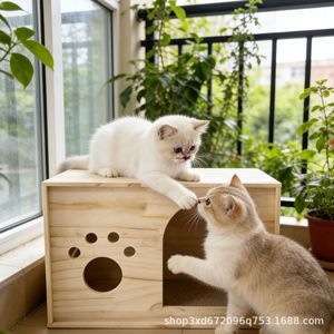Lit pour chat en bois de style dessin animé, transfrontalier, lit partagé pour chat en bois, banc de balcon, lit multifonctionnel pour animaux de compagnie en bois massif - Product Image 2