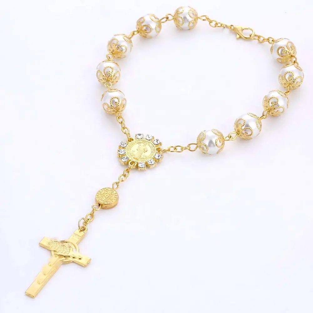 10 mm Croix Chapelet Bracelet Charmes Chaîne Perlée Verre Perle Bracelets pour Enfants Bébé Douche Fête Baptême Cadeau Souvenirs