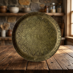 Plato Decorativo Redondo de Metal Hecho a Mano con Patrón de Plantas Grabado, Diseño Oriental - Product Image 6