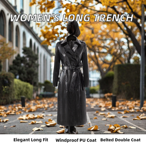 <b>Women</b> Genuine Leather Trench <b>Coat</b> Long Double Breasted With <b>Belt</b> Notched Collar Elegant Autumn Solid Color - Product Image 6