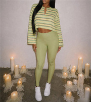 Ensemble deux pièces pour femmes, haut à manches longues à col en V avec imprimé rayé tendance, t-shirts et pantalon skinny