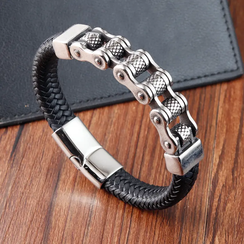 Stainless Steel Bike Chain Charm Bracelet Handmade Woven Braided Rope Magnetic Genuine Leather Bracelets For Men Jewelry OT-261