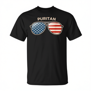 T-shirt Puritan noir pour homme, col rond, manches courtes, design drapeau américain et lunettes de soleil, t-shirt promotionnel - Product Image 2