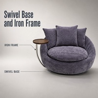 Fauteuil de salon pivotant rond en tissu moderne avec plateau latéral en bois de frêne, rembourré en mousse haute résilience et garni de plumes