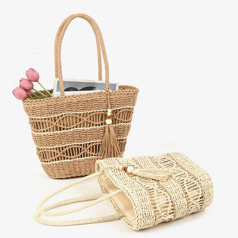 Straw handmade aesthetic women bags custom beach bag mesh tote with tassel big capacity handbags