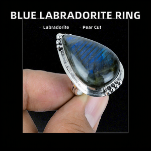 แหวนแต่งงาน/หมั้น ผู้หญิง ทรงลูกแพร์ ประดับพลอยรุ้งธรรมชาติ ตัวเรือนเงินแท้ 925 ดีไซน์โบฮีเมียน ฝังแบบ Bezel ของขวัญ - Product Image 2