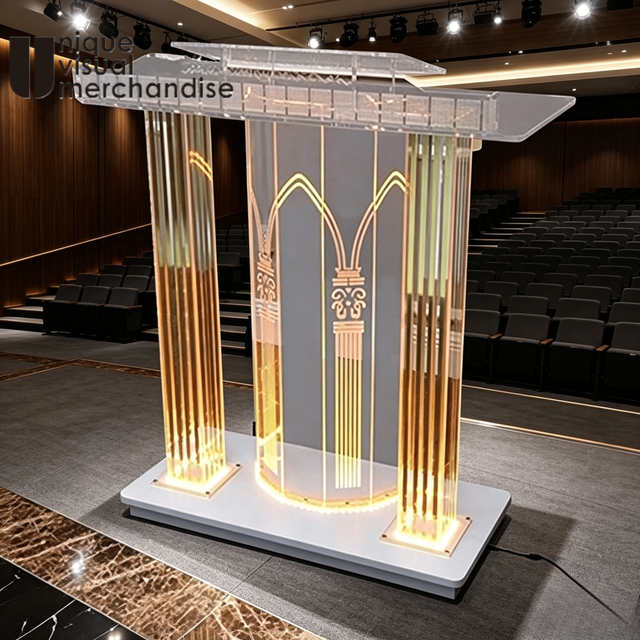 Luxury Modern Polished Acrylic Transparent Floor Podium with Wheels Led Lights for Meeting Rooms Churches