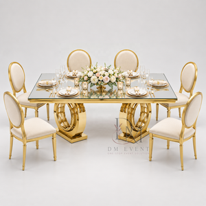 Mesa Rectangular Premium de Acero Inoxidable Dorado con Espejo y Base de Doble Anillo para Eventos, Bodas y Banquetes - Product Image 1