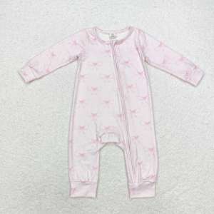 Prêt à expédier en gros adorable bébé filles rose nœud imprimé doux à manches longues Zippy barboteuse - Product Image 1