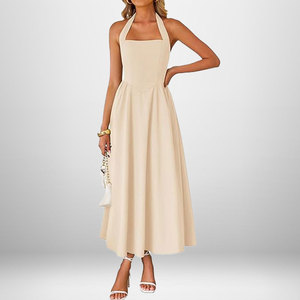 Robe longue élégante pour <span class=keywords><strong>femme</strong></span>, col halter <span class=keywords><strong>carré</strong></span>, dos noué, taille smockée, <span class=keywords><strong>coupe</strong></span> fluide trapèze, sans manches, unie, décontractée - Product Image 1