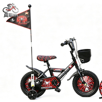 Sepeda Anak Tema Laba-laba Hitam Merah Grosir Pabrik, Sepeda Balita Single Speed dengan Stabilisator dan Keranjang Depan untuk Anak-anak