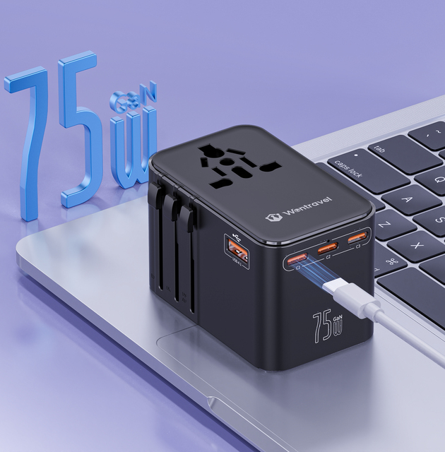 Wontravel 75W Type-C QC3.0 Fast Charging GaN Universal Worldwide 5 Ports Travel Adapter for Laptop Camera & Earphone